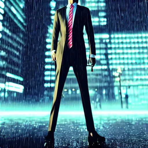 Image similar to stylish man cartoon portrait made out of rain, pinstripe suit, cyberpunk background, rendered in octane, unreal engine, highly detailed, trending on artstation, realistic, neon, beautiful, volumetric lighting, depth of field