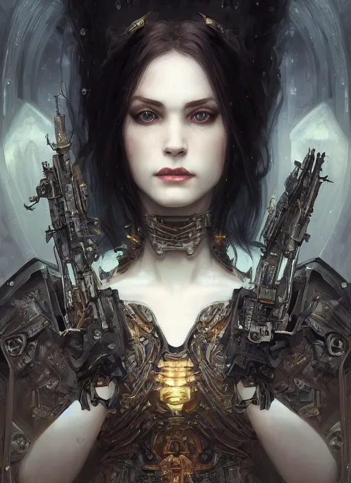 Image similar to portrait of beautiful pale gothic maiden, warhammer 40000, cyberpunk, intricate, elegant, highly detailed, digital painting, artstation, concept art, smooth, sharp focus, illustration, art by artgerm and greg rutkowski and alphonse mucha and Gustav Klimt