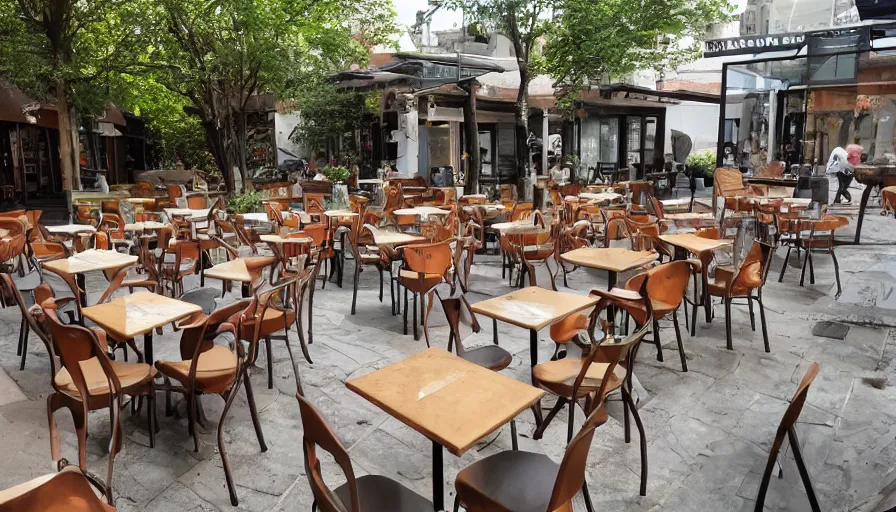 Prompt: a huge pile of chairs along outside the walls of the restaurant, hyperrealistic shaded