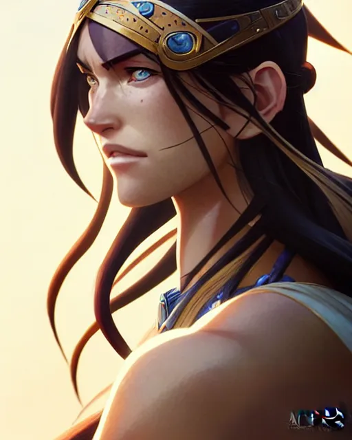 Image similar to azctec warrior, megan fox, detailed perfect face, exquisite details, fire magic, mid view, design on a white background, by studio muti, greg rutkowski makoto shinkai takashi takeuchi studio ghibli