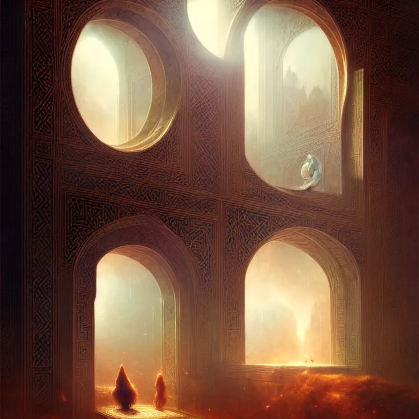 Image similar to magic fluffy Persian carpet & mirror dimension, vertical labyrinth structure, by Greg Rutkowski and Gaston Bussiere, dim lighting, beautiful volumetric-lighting-style atmosphere, surreal atmosphere, intricate, detailed, photorealistic imagery, artstation