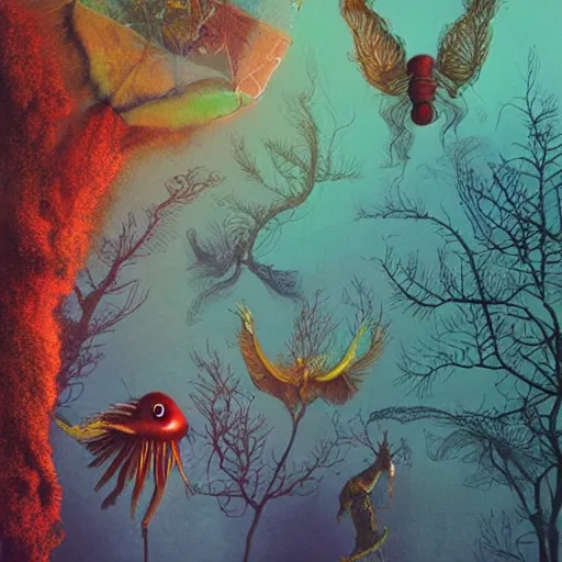 Image similar to strange colourful creatures. digital artwork by vincent bons, michael whelan, beeple, remedios varo and gerardo dottori. grainy and rough. interesting pastel colour palette. beautiful light. oil and water colour based on high quality render. retro.