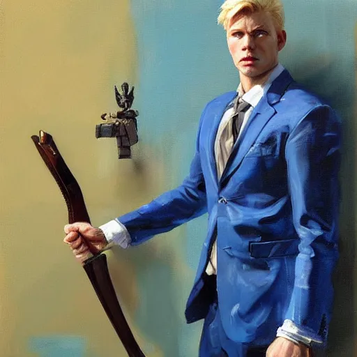 Image similar to greg manchess portrait painting of a blond man in a blue suit with a sword and a pistol, asymmetrical, profile picture, organic painting, sunny day, matte painting, bold shapes, hard edges, street art, trending on artstation, by huang guangjian, gil elvgren, ruan jia, randy vargas, greg rutkowski