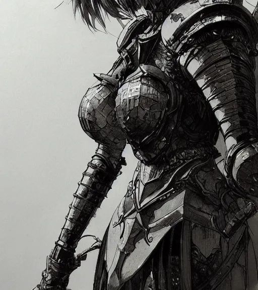 Image similar to anime woman in armor, pen and ink, intricate line drawings, by craig mullins, ruan jia, kentaro miura, greg rutkowski, loundraw