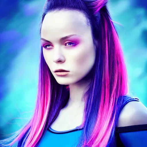 Image similar to a stunning upper body portrait of a beautiful young woman wearing futuristic navy blue and teal battle bodyarmor, ombre purple and pink hairstyle, hair blowing in the wind by marvel comics, digital art, trending on artstation