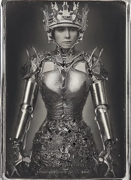 Image similar to old wetplate daguerreotype frame portrait of a futuristic silver armored pretty queen elisabeth emperor district 9 cyborg, fractal, intricate, elegant, highly detailed, subsurface scattering, by jheronimus bosch and greg rutkowski and louis jacques mande daguerre