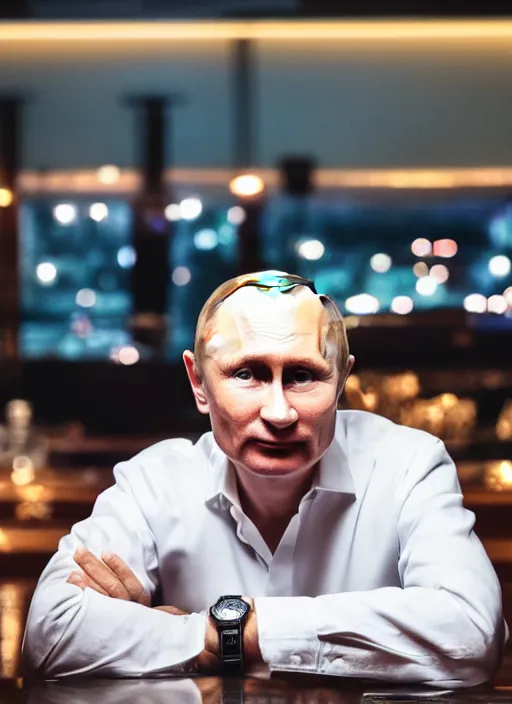 Prompt: a professional photo of person looking like vladimir putin sitting on bar, hand on table, wear watches looking like rolex watches, taken in night club, blur background