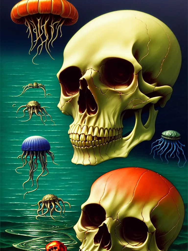 Prompt: a single skull in the sea by dan mumford and vladimir kush and donato giancola and ted withers and peter driben and william - adolphe bouguereau and roberto ferri, glowing red skull, blue jellyfish, green water, highly detailed, high contrast, intricate details, blended palette