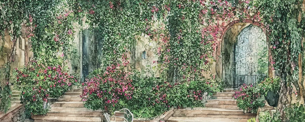 Prompt: courtyard walkway in an overgrown castle, sunny, stairway, chairs, wrought iron gate, tree, delicate, botanic garden, garden road, temple in a botanical herbarium paper, watercolor colored painting, iridescent colors, 8 k, realistic shaded, fine details, artstation, italian style, colonnade, huge flower
