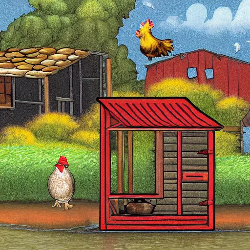 Image similar to A digital painting of a thief tripping and falling into a pond. In the background, there's a chicken coop where a rooster drinks from a wooden keg while sitting on stacks of dollar bills.