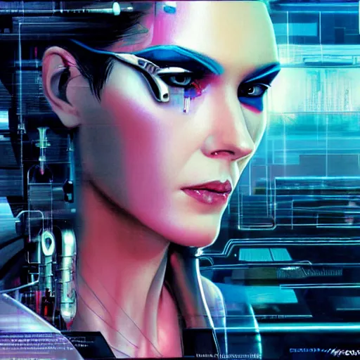 Prompt: Cyberpunk woman with eye implants, portrait shot, illustration, poster art by Drew Struzan