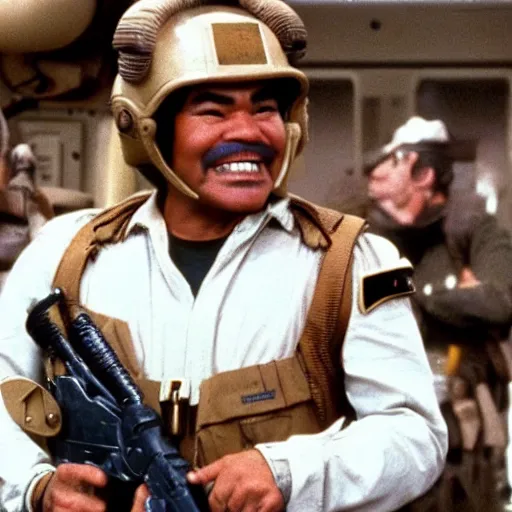 Image similar to George Lopez dressed as a Colonial Marine from Aliens (1986).