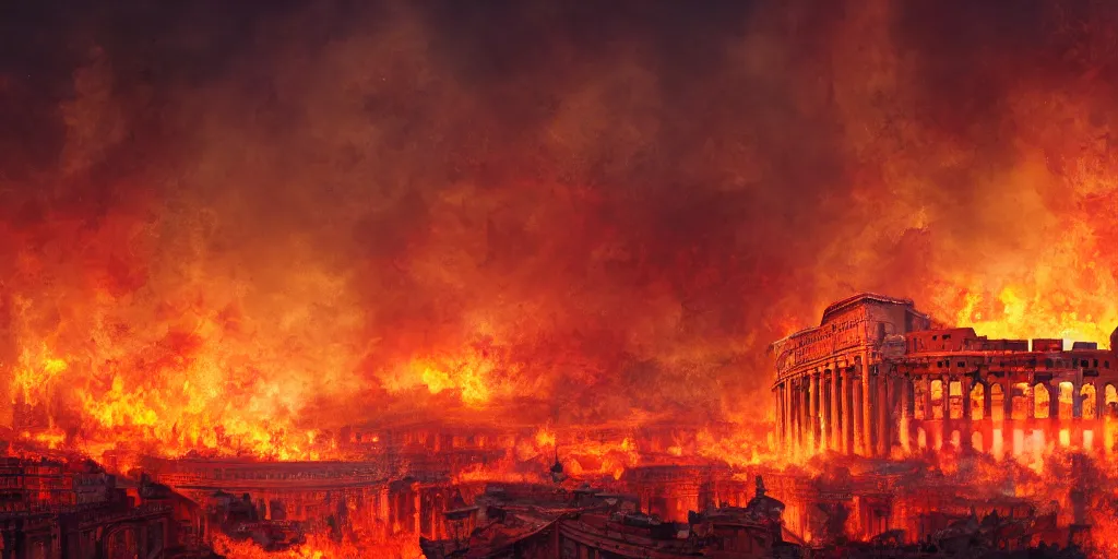 Image similar to painting of the great fire of rome, abstract, realism, 8 k, detailed, terror, octane render, 3 d render, complex emotion, glow, orange, beautiful, cinematic