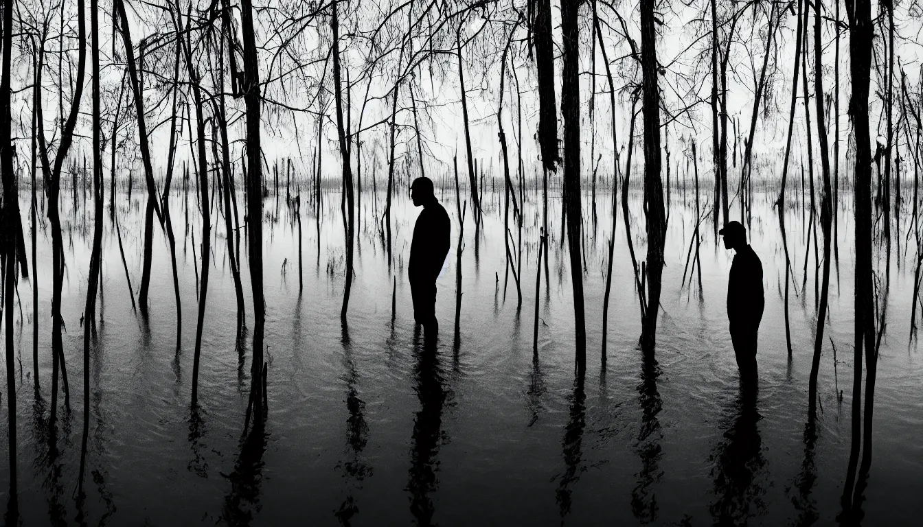 Prompt: silhouette of man standing in flooded grassy swamps, wavy water, dark, atmospheric, scary,, ambient vibe, very detailed, 8 k