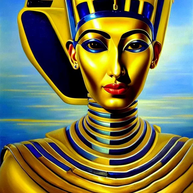 Prompt: a beautiful painting cyberpunk robot queen of egypt face, by salvador dali realistic oil painting