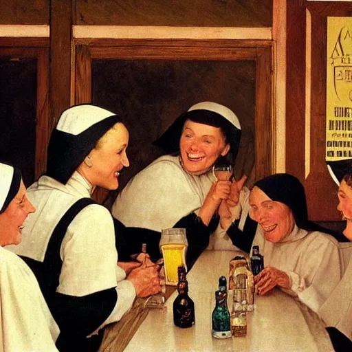 Prompt: a group of nuns enjoying themselves at an adult bar, low light, whiskey bottles, by Norman Rockwell