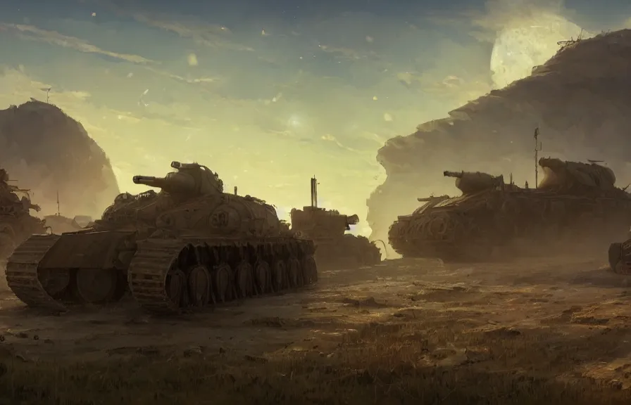 Prompt: concept art of a dusty field with ruined dieselpunk orcish tanks in the background, bomb craters, smoke, key visual, ambient lighting, highly detailed, digital painting, artstation, concept art, sharp focus, by makoto shinkai and akihiko yoshida and hidari and wlop