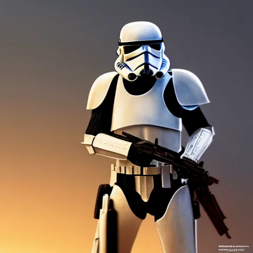 Image similar to full body shot of an imperial stormtrooper in battle position ready to shoot his blaster concept art by Doug Chiang cinematic, realistic painting, high definition, very detailed, extremely high detail, photo realistic, concept art, the Mandalorian concept art style