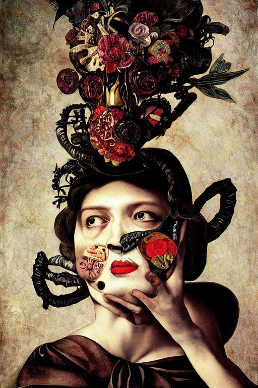 Image similar to Detailed maximalist portrait with large lips and with large, wide eyes, sad expression, extra bones, flesh, HD mixed media, 3D collage, highly detailed and intricate, surreal, illustration in the style of Caravaggio, dark art, baroque