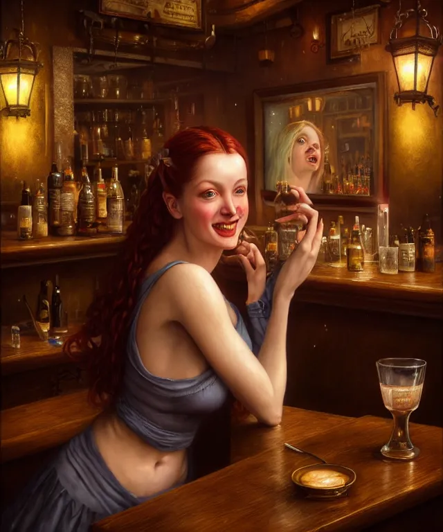 Image similar to hyperrealistic mixed media painting of a beautiful smiling charismatic barmaid, dimly lit cozy tavern, relaxed pose, stunning 3d render inspired art by Gerald Brom and Anna Dittmann + perfect facial symmetry + dim volumetric lighting, 8k octane beautifully detailed render, post-processing, extremely hyperdetailed, intricate, epic composition, grim yet sparkling atmosphere, cinematic lighting + masterpiece, trending on artstation, very very detailed, masterpiece, stunning