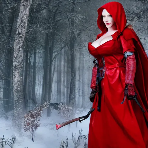 Prompt: full body photo red riding hood christina hendricks armoured warrior, highly detailed, 4k, HDR, award-winning photo