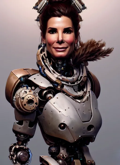 Prompt: portrait of sandra bullock, robot steampunk, floral! horizon zero dawn machine, intricate, elegant, highly detailed, ray tracing, digital painting, artstation, concept art, smooth, sharp focus, illustration, art by artgerm and greg rutkowski and alphonse mucha, 8 k