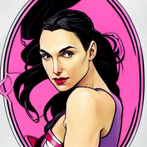 Prompt: a moderne painting of gal gadot as the pink power ranger in the style of charlie bowater, and in the style of alphonse mucha. sharp focus, semi - realism, intricate detail.