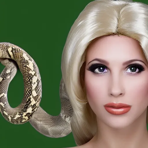 Image similar to A snake wearing a blonde wig, slimy snake, photo