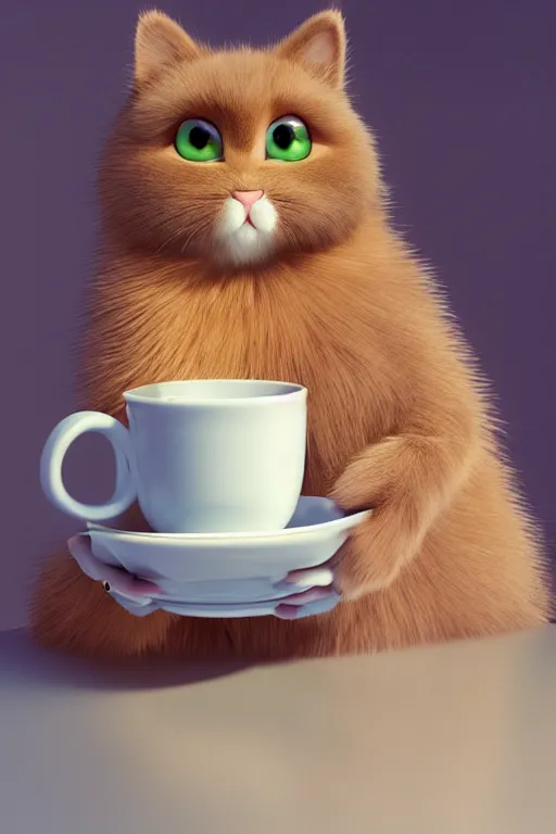 Prompt: portrait of fluffly cat holding white teacup with kitchen in background, full body. pixar disney 4 k 3 d render funny animation movie oscar winning trending on artstation and behance, ratatouille style