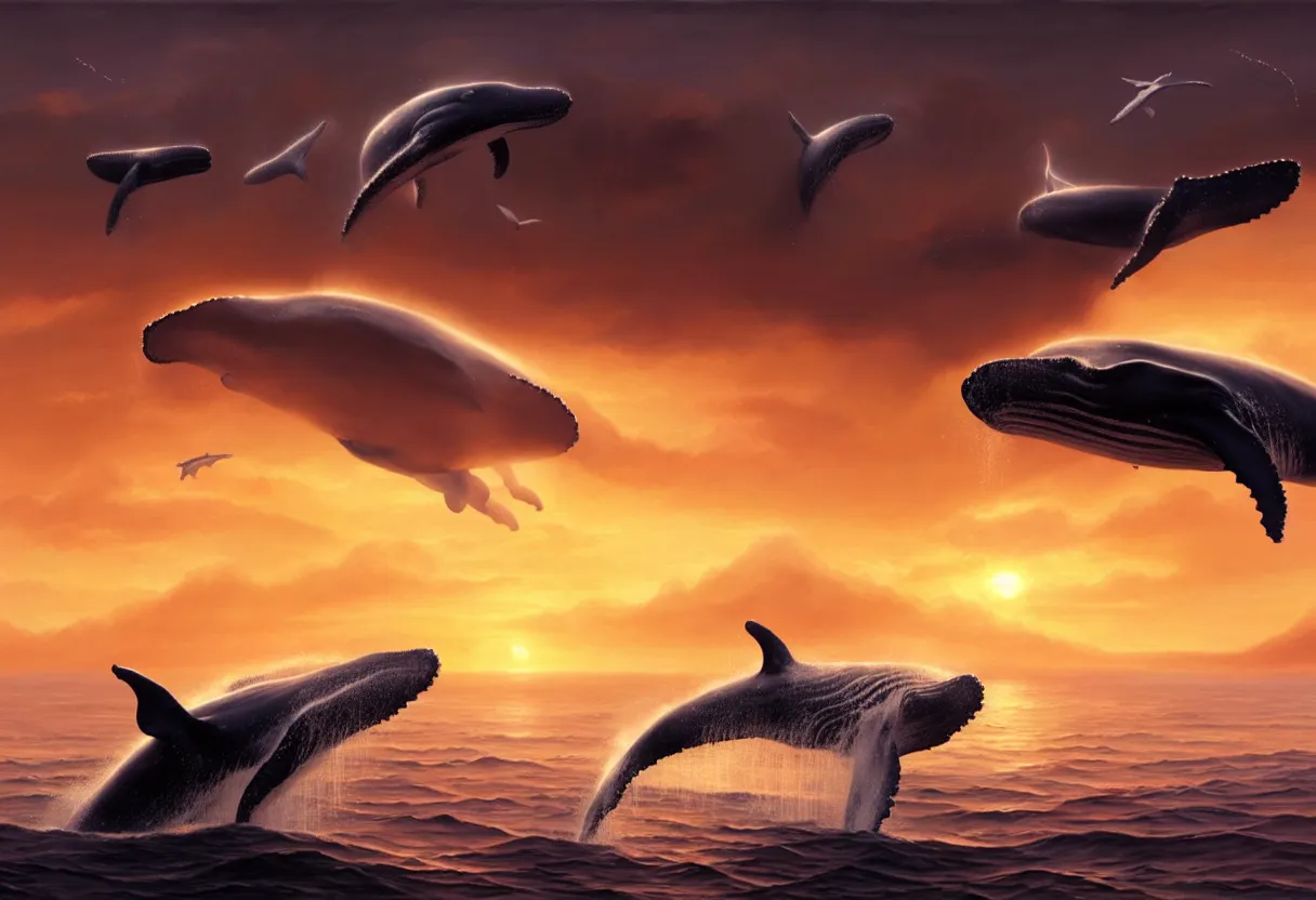 Prompt: magnificent whales flying up over the sea, autumn sunset, ultra high definition, ultra detailed, symmetry, fog, matte painting, by greg rutkowski and ross tran and wlop and roger dean