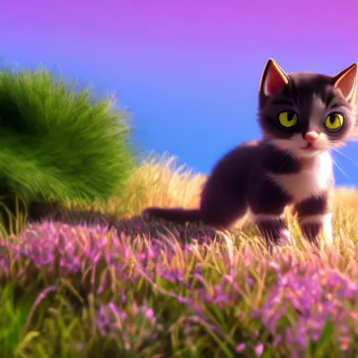 Image similar to ! dream a wholesome animation key shot of a kitten on a hill, simetrical medium shot, studio ghibli, pixar and disney animation, sharp, rendered in unreal engine 5, anime key art, bloom, dramatic lighting