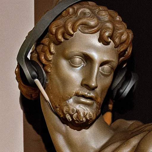 Image similar to Michelangelo sculpture of David wearing headphones DJing