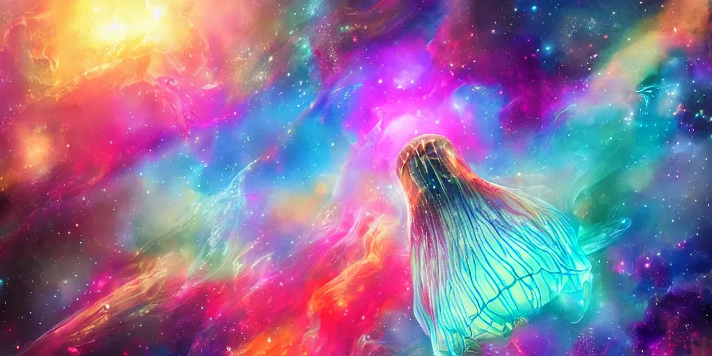 Prompt: Beautiful multi colored jellyfish in space, nebula, gorgeous, amazing, elegant, intricate, highly detailed, digital painting, artstation, concept art, sharp focus, illustration, art by Ross tran