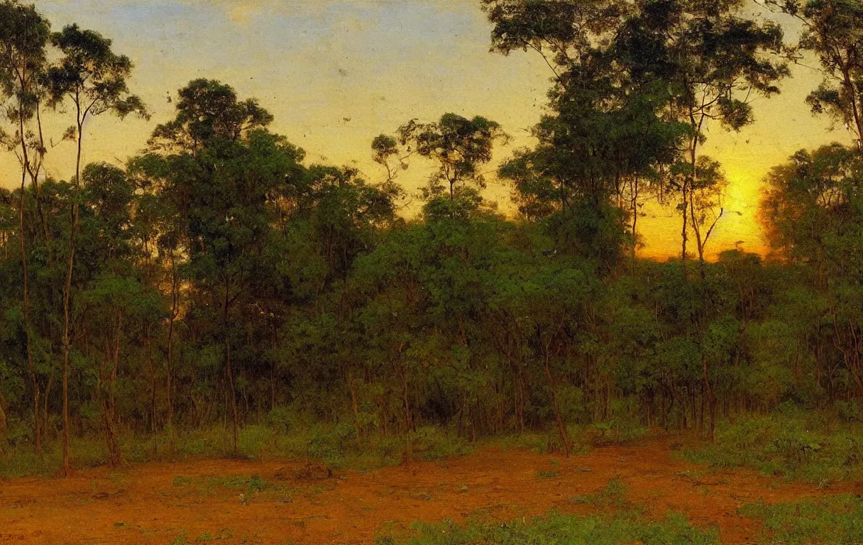 Prompt: landscape of the forests of Dahomey in Benin with a small village in centre painting, sun setting on horizon, 1885, colorful highly detailed oil on canvas, by Ilya Repin