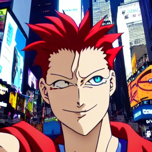 Prompt: hisoka taking a selfie at times square, high quality