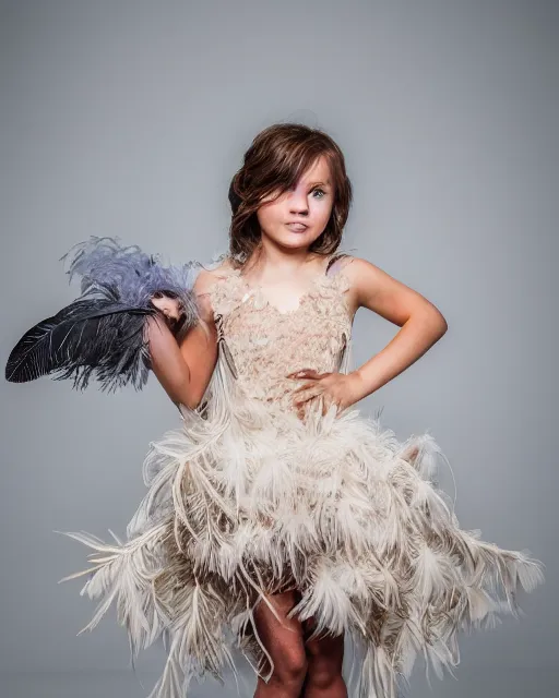 Prompt: beautiful girl with a dress of feathers photo 3 5 mm, studio light