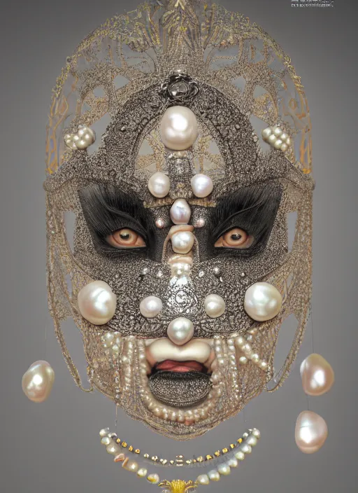 Image similar to hyperrealism, detailed textures, award winning autochrome photo, symetrical japanese pearl, beautiful dreaming voodoo pearl queen, autochrome pearl portrait, pearl silverplate, intricate, detailed facial pearl scary animal mask, pearl, golden jewelery, silverplate, ultra realistic, cinematic, intricate, cinematic light by steve mccurry, unreal engine 8 k