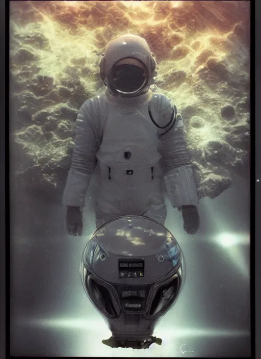 Image similar to polaroid astronauts in dark and empty void underwater - complex and hyperdetailed technical suit. reflection and dispersion materials. rays and dispersion of light. volumetric light. 5 0 mm, f / 3 2. noise film photo. flash photography. ultra realistic, wide angle. poster by wayne barlowe, hajime sorayama aaron horkey, craig mullins