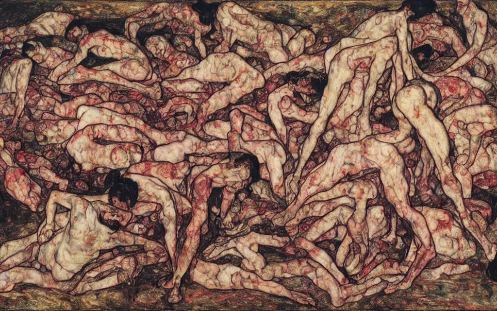 Image similar to a painting of a pile of bodies by egon schiele with influence of zdzisław beksinski, alfred kubin, oskar kokoschka, and egon schiele