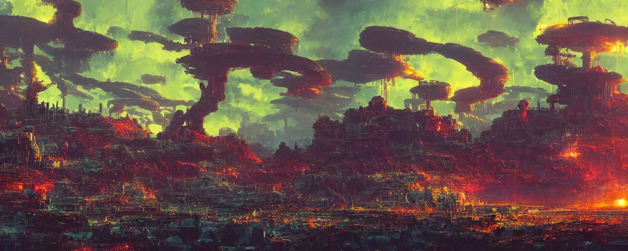 Prompt: ” otherwordly landscape radioactive wasteland, [ cinematic, detailed, epic, widescreen, opening, establishing, mattepainting, photorealistic, realistic textures, octane render, art by paul lehr ] ”