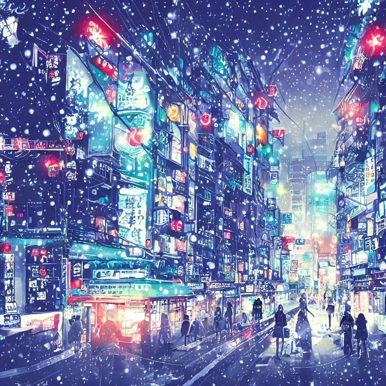 Image similar to anime - styled illustration of tokyo with many lights and lens flares, snowy winter christmas night