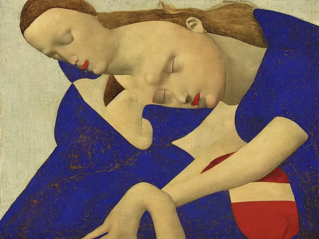 Image similar to portrait of a sleeping woman head. lapis lazuli, malachite, cinnabar, gold. painting by piero della francesca, balthus, agnes pelton