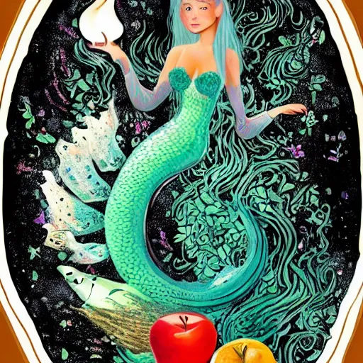 Image similar to A beautiful mermaid cooked in a huge pan over a fire, an apple in her mouth, epic fantasy, detailled