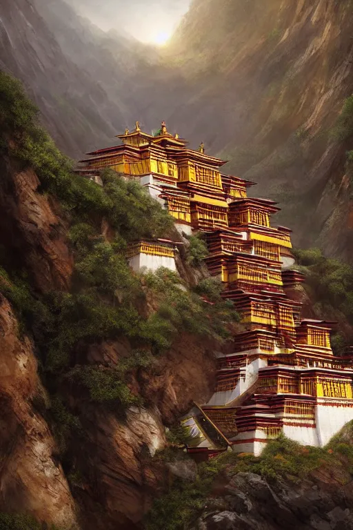 Image similar to inside a Tibetan monastery with a view at the edge of the cliff, powerfull, intricate, elegant, volumetric lighting, digital painting, highly detailed, artstation, sharp focus, illustration, concept art, ruan jia, steve mccurry