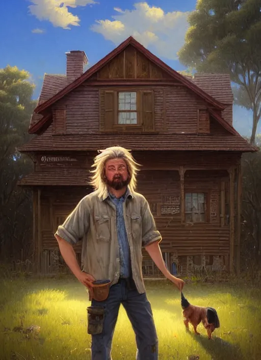 Image similar to highly detailed portrait of long - haired hillbilly in front of old style house, with his fluffy australian shepherd, blonde hair, stephen bliss, art by greg rutkowski, loish, rhads, ferdinand knab, makoto shinkai and lois van baarle, artgerm, pixar, ilya kuvshinov, rossdraws, tom bagshaw, global illumination