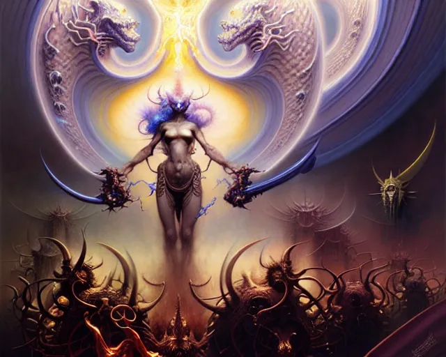 Image similar to the armies of heaven and hell, fantasy character portrait made of fractals facing each other, ultra realistic, wide angle, intricate details, the fifth element artifacts, highly detailed by peter mohrbacher, hajime sorayama, wayne barlowe, boris vallejo, aaron horkey, gaston bussiere, craig mullins