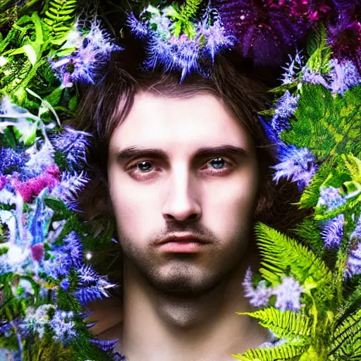 Image similar to half figure shot of a male knight, stern face, clear eyes, shining sword, in a dark forest, shining armour made of steel and flowers, and fractal flowery hair in a fractal garden, glowing delicate flower, berries and ferns that grow in a dark fantasy forest, clear face, peaceful face,