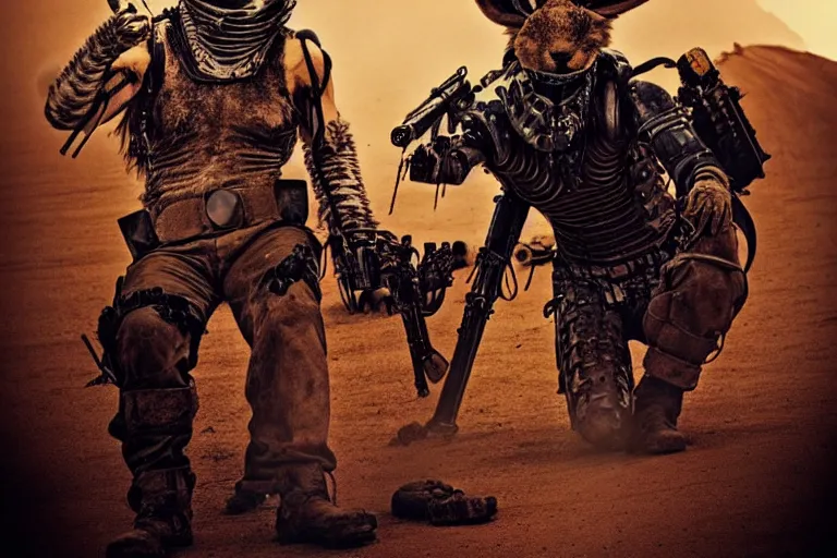 Image similar to a good ol'jackrabbit fursona ( from the furry fandom ), heavily armed and armored facing down armageddon in a dark and gritty version from the makers of mad max : fury road. witness me.