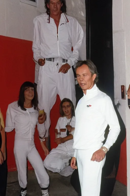 Image similar to Tony Blair with a mullet hair style, dressed in white 1980s tracksuit and trainers, standing outside a nightclub