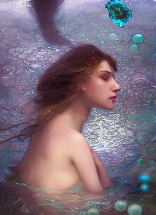 Image similar to hyper realist matte digital painting of a beautiful woman, beautiful face, underwater photography, full body, jugendstill, floating in water, flowing gown, bubbles rising, seaweed, headspace, fairytale, fantasy art, photo realistic, dynamic lighting, artstation, volumetric lighting, by mucha, by charlie bowater, by karol bak, by alma tadema